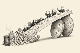 A boardroom lunch table is tilted steeply because two huge silicon-wafer dishes sit at the raised end beside a small ceremonial bell. Executives at the lower end slide with their plates into a pile of receipts, an oil drum and a steaming