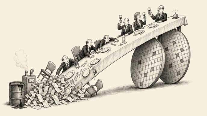 A boardroom lunch table is tilted steeply because two huge silicon-wafer dishes sit at the raised end beside a small ceremonial bell. Executives at the lower end slide with their plates into a pile of receipts, an oil drum and a steaming