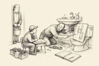 A senior fitter repairs a bathroom leak while simultaneously teaching a trainee seated at a tiny desk beside the pipes, with a customer holding a bucket and an unpaid invoice nearby.
