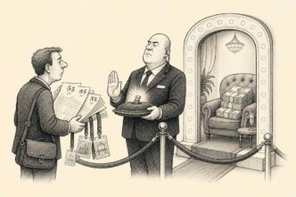 Single-panel cartoon of an office hallway staged like a nightclub entrance. A business owner with a stack of invoices is stopped by a formal bouncer, while refund money waits inside beyond a glowing digital doorway.