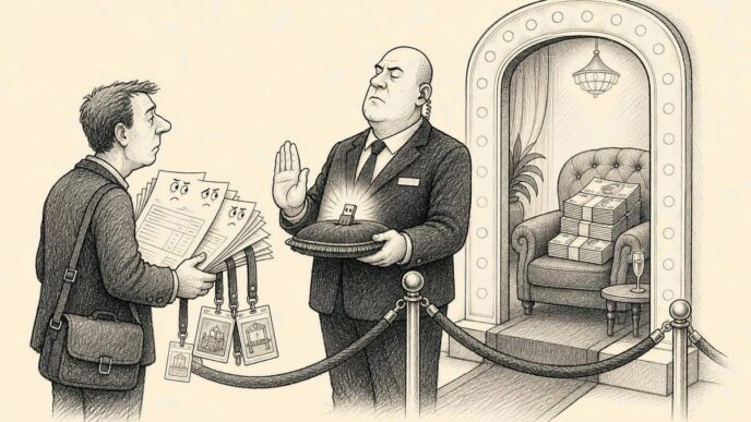 Single-panel cartoon of an office hallway staged like a nightclub entrance. A business owner with a stack of invoices is stopped by a formal bouncer, while refund money waits inside beyond a glowing digital doorway.