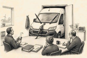 A restrained cartoon of a small Dutch installation firm meeting room where a work van is wedged at the head of the table, apparently chairing the meeting while the human staff sit around it with calculators and papers.