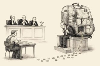 A courtroom scene shows a small employer weighed down by a huge clear backpack full of payroll documents. A visible empty pocket in the backpack is leaking coins toward a seated worker, while the judge and inspector observe without