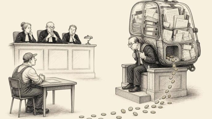 A courtroom scene shows a small employer weighed down by a huge clear backpack full of payroll documents. A visible empty pocket in the backpack is leaking coins toward a seated worker, while the judge and inspector observe without