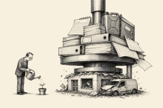 Single-panel cartoon in a Dutch transport office. A calm economist waters a tiny sprout in a small pot. Beside him, a business owner at a desk and a small delivery van are being squeezed under an enormous hydraulic press built from blank