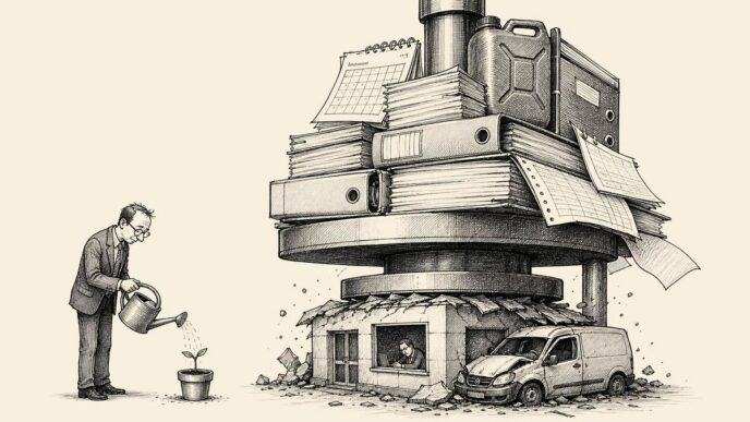 Single-panel cartoon in a Dutch transport office. A calm economist waters a tiny sprout in a small pot. Beside him, a business owner at a desk and a small delivery van are being squeezed under an enormous hydraulic press built from blank