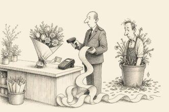 A small flower shop counter. A bouquet uses a payment terminal while the florist stands helplessly inside a flower bucket. A tax official scans the bouquet, and an oversized receipt snakes across the floor.