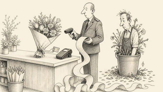 A small flower shop counter. A bouquet uses a payment terminal while the florist stands helplessly inside a flower bucket. A tax official scans the bouquet, and an oversized receipt snakes across the floor.