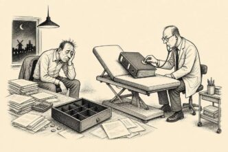 A tired small-business owner sits in a late-night office with an empty cash drawer and unpaid bills. A tax inspector, dressed like a doctor, ignores her and listens with a stethoscope to a payroll binder lying on an examination couch.