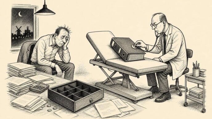 A tired small-business owner sits in a late-night office with an empty cash drawer and unpaid bills. A tax inspector, dressed like a doctor, ignores her and listens with a stethoscope to a payroll binder lying on an examination couch.