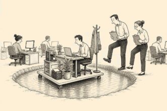 A freelancer works on a tiny office island surrounded by a moat, with his own equipment piled around him, while company staff observe from the regular office floor.