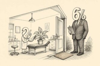 A former medical consultation room has become homely, with slippers, a plant, and domestic furniture. A small 2% character checks the plant like a doctor, while a large 6% character stands outside the separate entrance holding a clipboard.