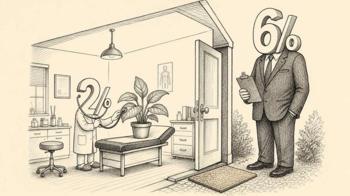 A former medical consultation room has become homely, with slippers, a plant, and domestic furniture. A small 2% character checks the plant like a doctor, while a large 6% character stands outside the separate entrance holding a clipboard.
