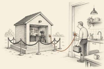 A detached garage is displayed behind formal velvet ropes as if it were a separate official object. An extension cord runs from it to an open kitchen window of the nearby house, where the cord occupies the wall socket. The contradiction is