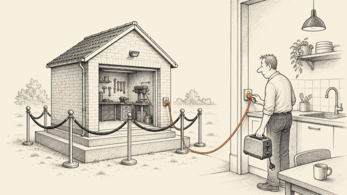 A detached garage is displayed behind formal velvet ropes as if it were a separate official object. An extension cord runs from it to an open kitchen window of the nearby house, where the cord occupies the wall socket. The contradiction is