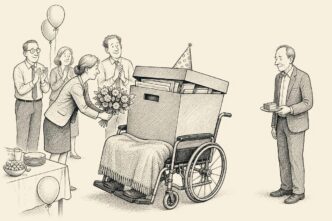 A retirement party in a conference room where a giant archive box in a wheelchair is celebrated with flowers and cake while the actual retiree is pushed aside.
