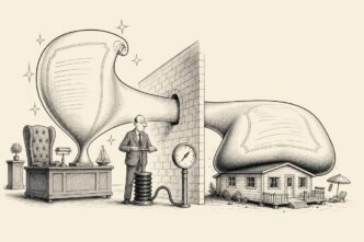 A split room shows one enlarged private loan contract as a valuable balloon for the lender and a crushing weight on the debtor’s holiday home, inflated by a tax official using a market-rate pump.