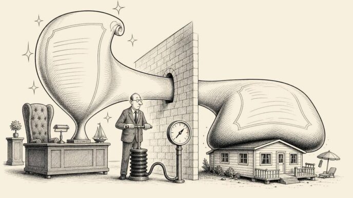 A split room shows one enlarged private loan contract as a valuable balloon for the lender and a crushing weight on the debtor’s holiday home, inflated by a tax official using a market-rate pump.