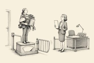 A candidate at a fintech stands on a large scale while compliance piles work objects like server keys, contracts, and a pager into her arms. The scale tips and a small gate opens toward a fenced desk area, as HR looks at a thin job