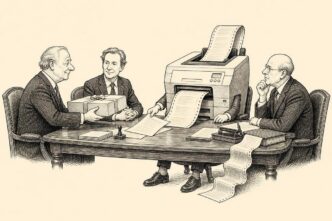 A restrained Dutch boardroom scene at a notary’s office. A founder gives a director a wrapped box of share papers while a payroll printer sits in an empty chair, stealing the deed and printing payslip-like streamers. The people look