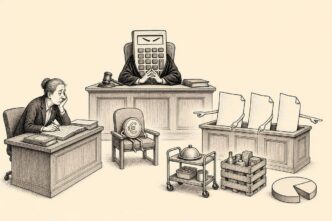 A courtroom with a calculator judge, three animated blank documents giving conflicting gestures, and a euro coin as defendant. Props show service, goods and profit allocation without any written labels.