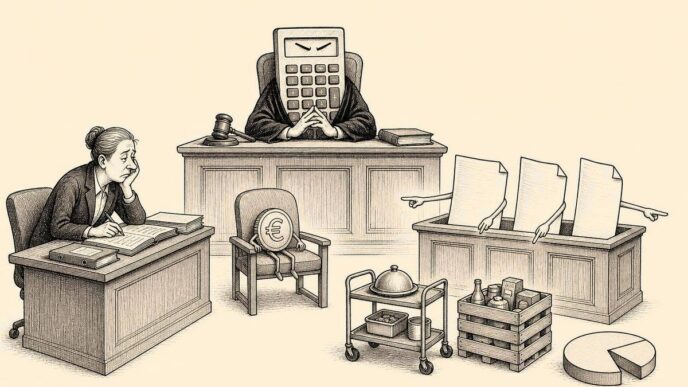 A courtroom with a calculator judge, three animated blank documents giving conflicting gestures, and a euro coin as defendant. Props show service, goods and profit allocation without any written labels.