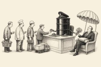 A single-panel cartoon shows an Amsterdam-style government counter with no words or labels. Behind it, a large oil barrel dressed like a civil servant collects money from various Dutch business figures. An energy executive nearby is