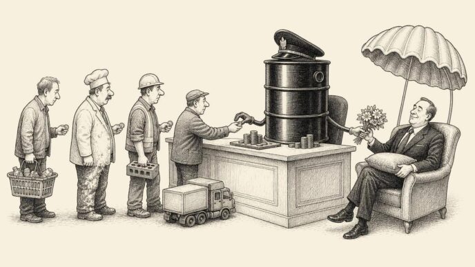 A single-panel cartoon shows an Amsterdam-style government counter with no words or labels. Behind it, a large oil barrel dressed like a civil servant collects money from various Dutch business figures. An energy executive nearby is