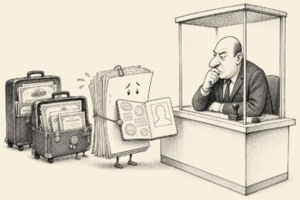 At a tax-office passport booth, an anthropomorphic pile of loan documents shows many foreign stamps, while the inspector rejects it because its identification is blank.