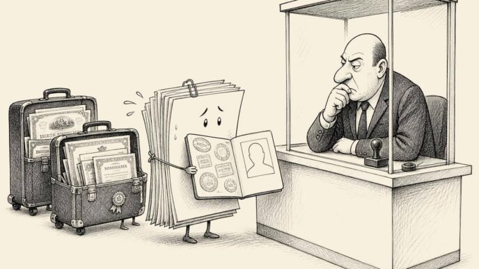 At a tax-office passport booth, an anthropomorphic pile of loan documents shows many foreign stamps, while the inspector rejects it because its identification is blank.