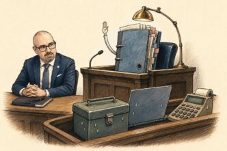 Paolo Maria, bald with dark rectangular glasses, moustache and goatee, in a navy suit and blue tie, sits in a quiet courtroom-office scene. A large orderly business file occupies the witness chair under a spotlight, raising a paper tab