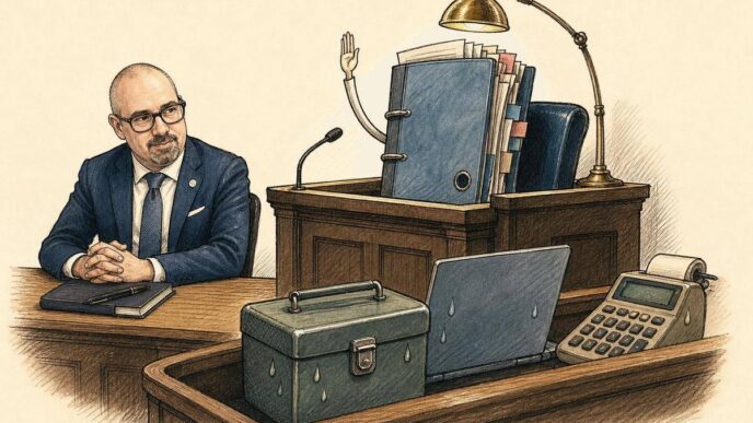 Paolo Maria, bald with dark rectangular glasses, moustache and goatee, in a navy suit and blue tie, sits in a quiet courtroom-office scene. A large orderly business file occupies the witness chair under a spotlight, raising a paper tab