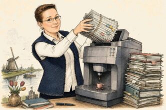 Single-panel editorial cartoon on warm paper. Linda, drawn as the recurring composed Polder insider, feeds a huge stack of business evidence into a cosy office machine that resembles both a coffee maker and a copier. A tiny cup underneath