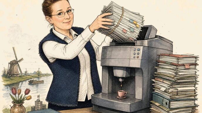 Single-panel editorial cartoon on warm paper. Linda, drawn as the recurring composed Polder insider, feeds a huge stack of business evidence into a cosy office machine that resembles both a coffee maker and a copier. A tiny cup underneath