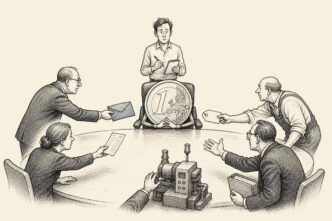 A Dutch SME founder stands in an office meeting room while an oversized euro coin sits like a director at the head of the table, surrounded by tax, wage, supplier, bank and investment demands.