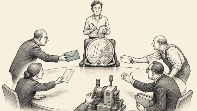 A Dutch SME founder stands in an office meeting room while an oversized euro coin sits like a director at the head of the table, surrounded by tax, wage, supplier, bank and investment demands.