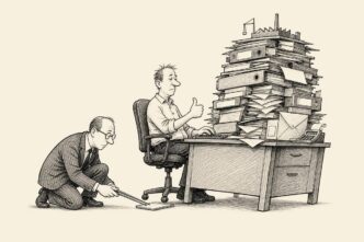 A neat official places a paper-thin tile under a small business owner’s chair with tweezers, while the owner’s desk bends under huge piles of invoices and business paperwork.