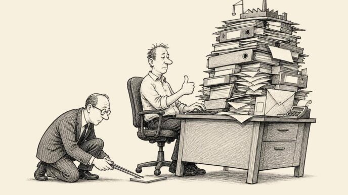 A neat official places a paper-thin tile under a small business owner’s chair with tweezers, while the owner’s desk bends under huge piles of invoices and business paperwork.