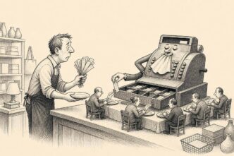 A shopkeeper after closing time watches a cash register dining like an important client while small bureaucratic figures eat the day’s receipts first.