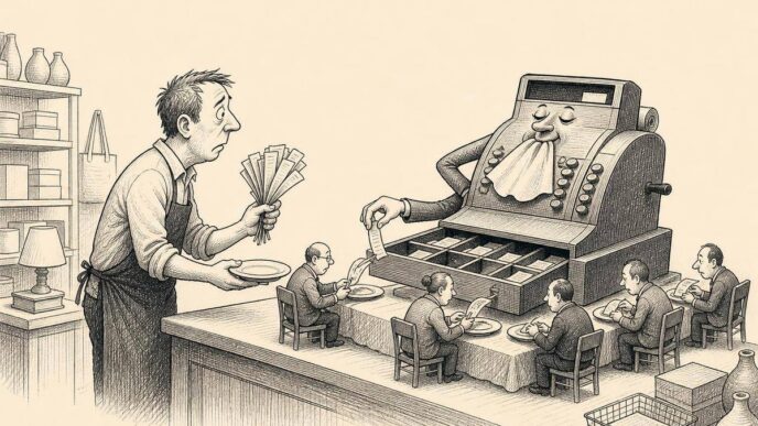 A shopkeeper after closing time watches a cash register dining like an important client while small bureaucratic figures eat the day’s receipts first.