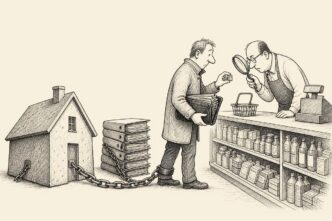 A shop owner behind a counter examines a nearly empty basket with a magnifying glass while a customer with a bulging wallet selects a tiny packet. A large house-shaped weight and tax folders drag behind the customer.