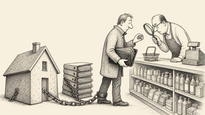 A shop owner behind a counter examines a nearly empty basket with a magnifying glass while a customer with a bulging wallet selects a tiny packet. A large house-shaped weight and tax folders drag behind the customer.