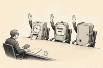 In a Dutch-style boardroom, an entrepreneur is outvoted by a punch clock, an electricity meter and a bulky supplier folder seated like board members.