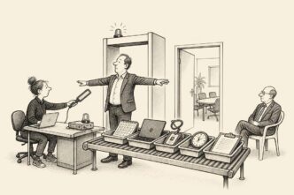 A self-employed worker operates a security checkpoint inside an HR office, screening a founder and inspecting trays containing office work items such as a roster, laptop, badge, clock and clipboard while a tax official watches.