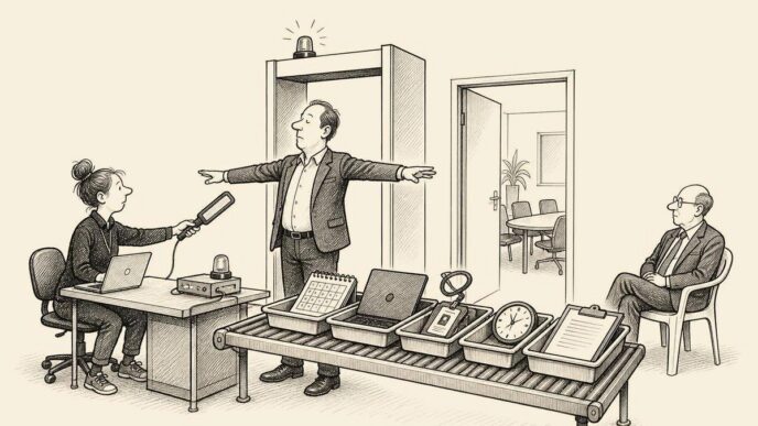 A self-employed worker operates a security checkpoint inside an HR office, screening a founder and inspecting trays containing office work items such as a roster, laptop, badge, clock and clipboard while a tax official watches.