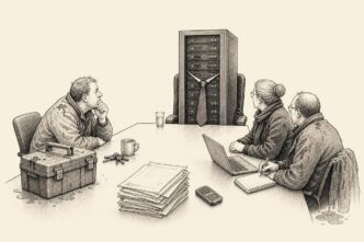 A server rack in a tie occupies the head seat in a boardroom while a small company owner with a toolbox and paperwork waits for it to make a decision.