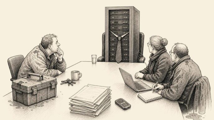 A server rack in a tie occupies the head seat in a boardroom while a small company owner with a toolbox and paperwork waits for it to make a decision.
