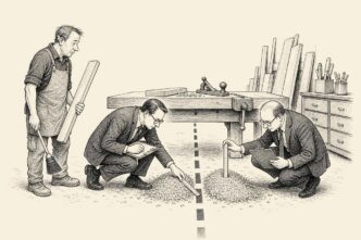 A carpenter’s workshop is divided by a border line on the floor. Compliance officers measure and separate sawdust into two piles while the carpenter waits with a plank and a tiny broom.