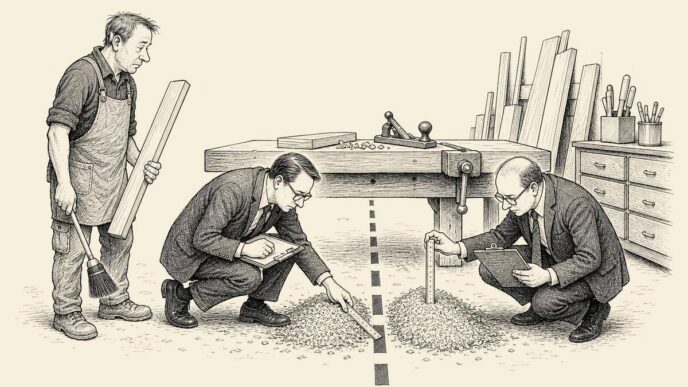 A carpenter’s workshop is divided by a border line on the floor. Compliance officers measure and separate sawdust into two piles while the carpenter waits with a plank and a tiny broom.
