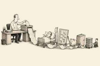 In a plain Dutch office, a worried employer watches a payroll printer produce an absurdly long payslip that pulls office files, a sickbed, a roster board and other payroll burdens behind it.